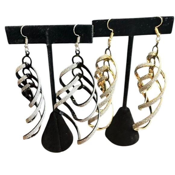 dangle earrings for women 2 pairs black gold tone sparkle 4 inches party - Picture 8 of 16